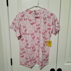 Revel Women's V-neck Scrub Top Size Large Rosy Wongs Pink Butterflies Bling NWT